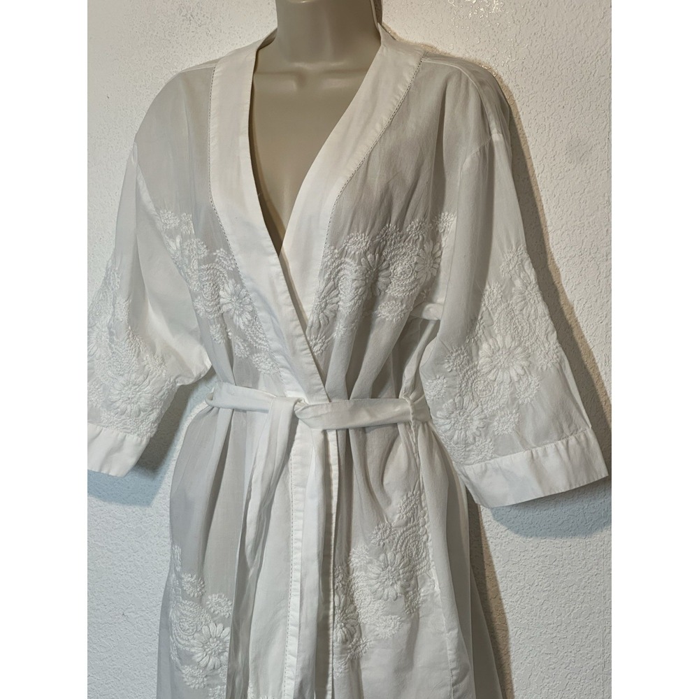La Cera White Cotton Embroidered Robe Tie Pockets Boho Cottagecore  M/L - Picture 2 of 8